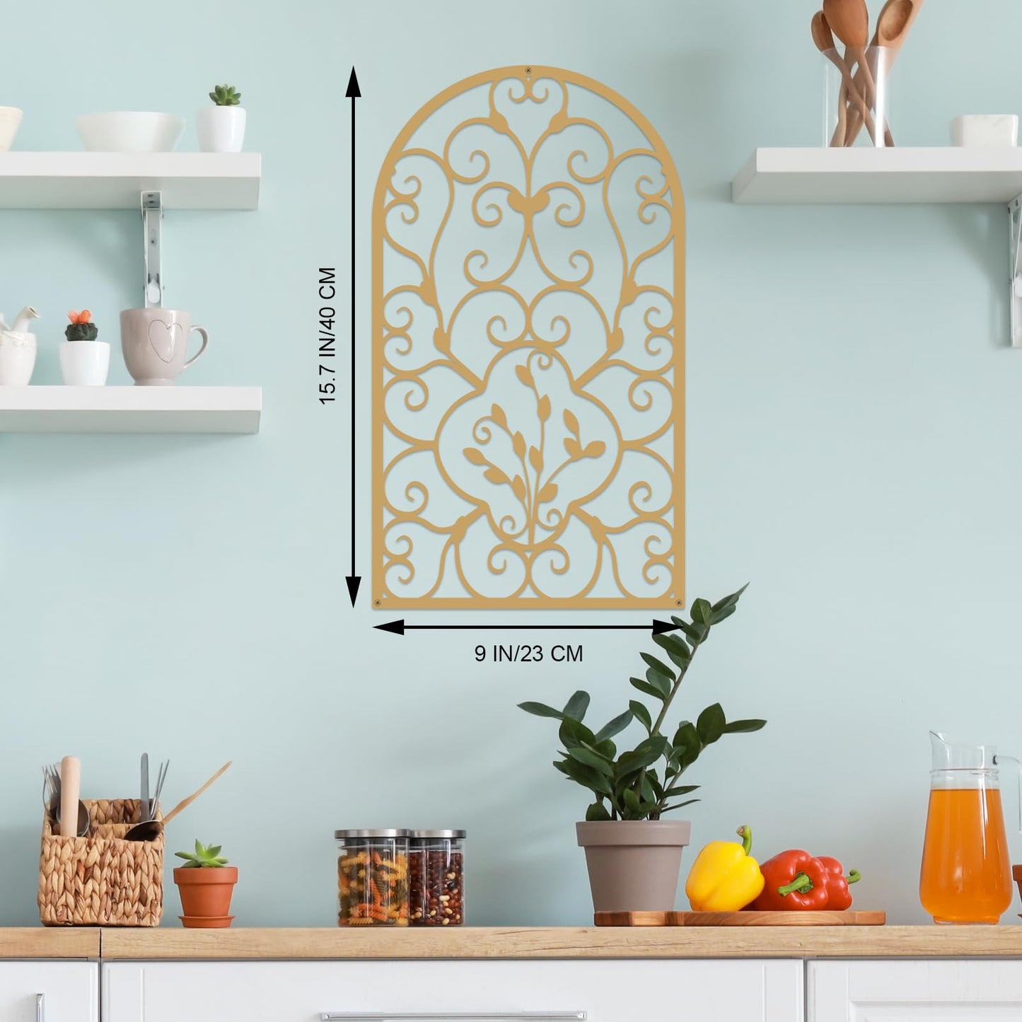 Resama 2 Pcs Scroll Home Wall Decor, Rustic Metal Wall Decor Arch Design Modern Farmhouse Wall Sculptures Hanging for Living Room Bedroom Hallway Kitchen (Gold, 15.7" X 9")