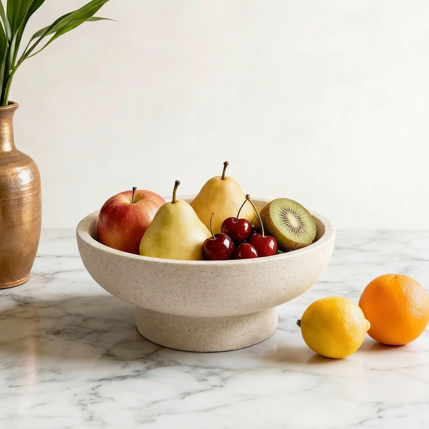 Plukers Catch All Decorative Fruit Bowl with Pedestal —Key, Purse & Trinket Holder | Entryway Table, Kitchen Counter, Coffee Console Decor | Modern Minimalist Artificial Stone Beige