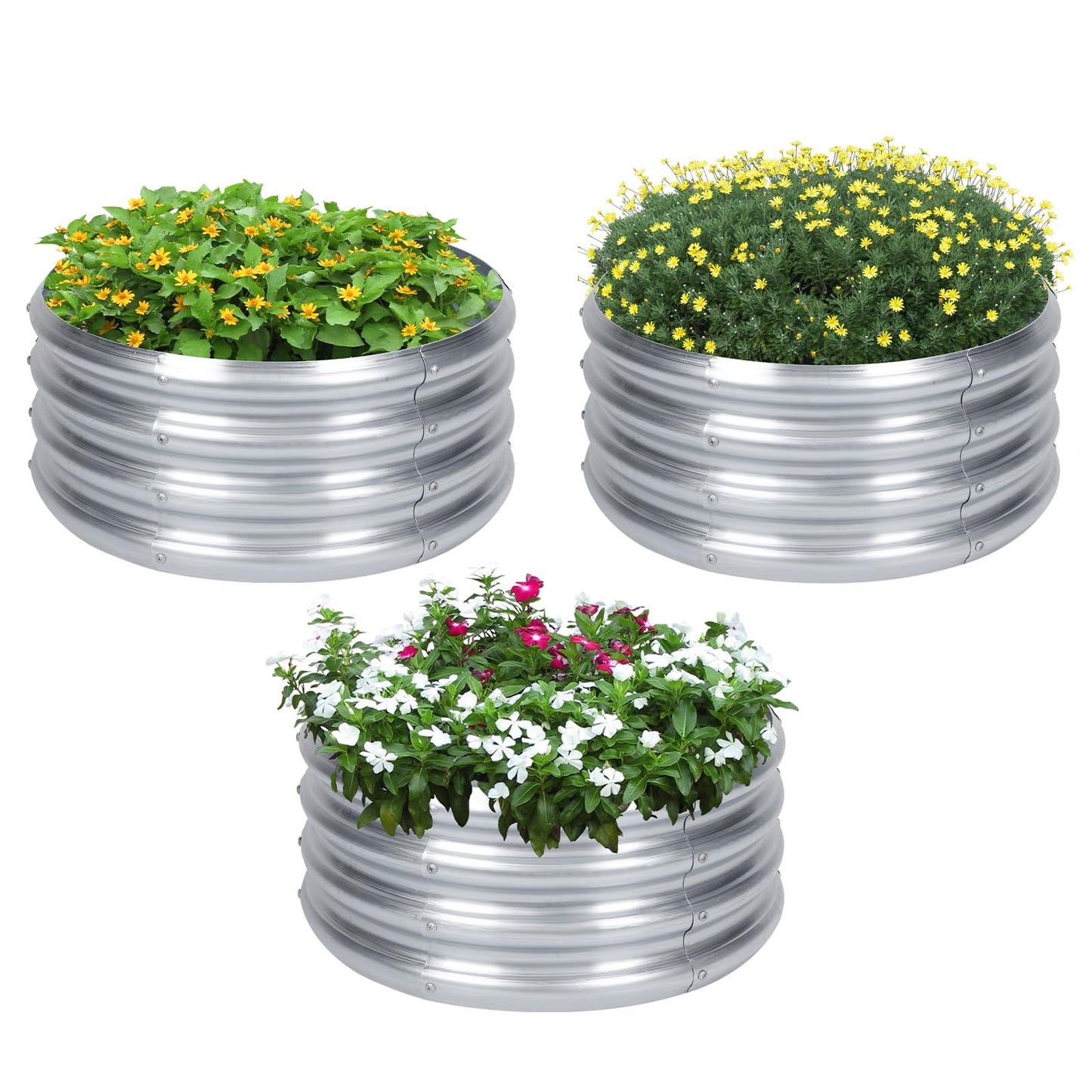 PINPON 3 Pack 2x2x1ft Round Galvanized Raised Garden Bed Outdoor, Silver Metal Planter Box for Vegetables, Herbs, Flowers