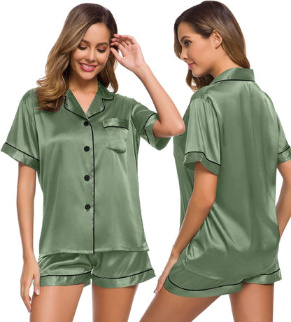 SWOMOG Womens Silk Satin Pajamas Set Short Sleeve Sleepwear Button Down Top and Shorts Loungewear 2 Piece Pjs Set XS-3XL