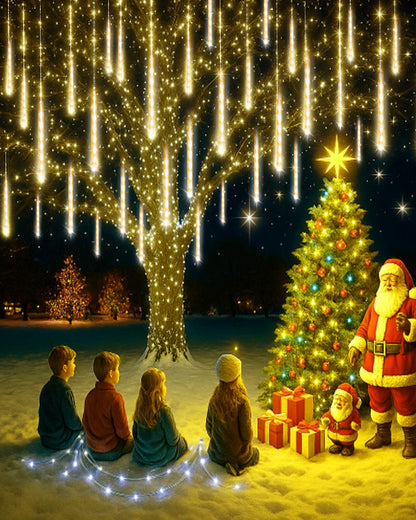 Aokudoni Warm White Christmas Lights Meteor Shower Lights Outdoor 24-Tube 576 LED Snowfall Icicle Cascading Rain Light Christmas Decorations for House Tree Yard Roof Patio Porch Stair, UL Plug