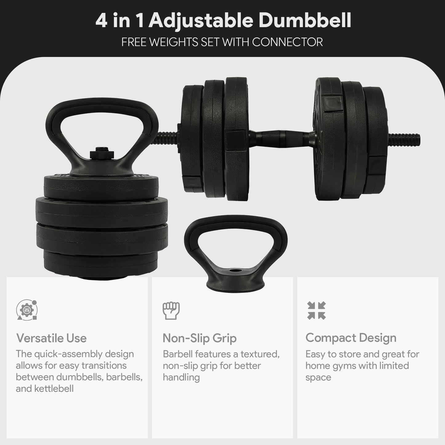 Fitvids Adjustable Dumbbell Set, 60lbs Free Weights Set with Connector, 4 in 1 Changeable Dumbbells and Barbell for Exercise and Fitness, Black/Black