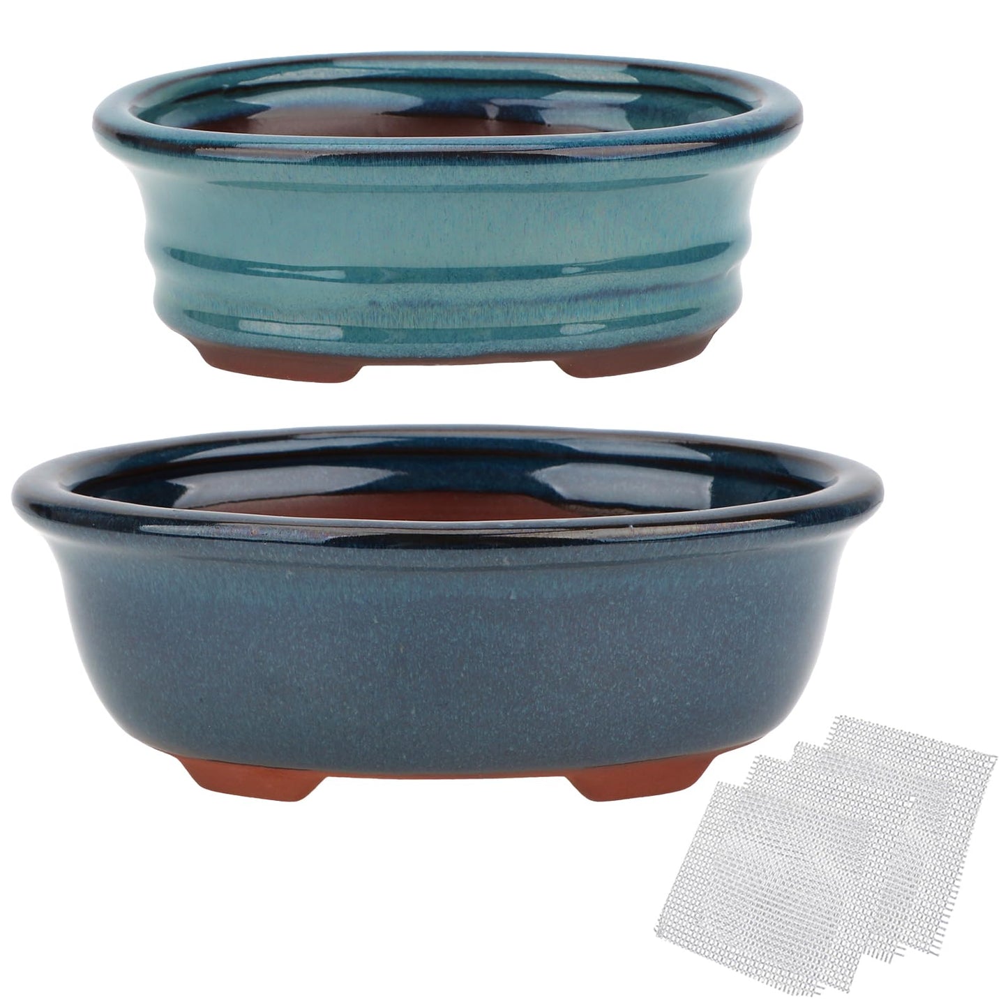 Bonsai Planter Succulent 5.7" 7" Glazed Pots, Value Set of 2 + 4 Soft Mesh Drainage Screens