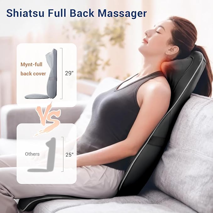 Mynt Shiatsu Neck and Back Massager with Heat, 3D Kneading Full Back Massager for Pain Relief Deep Tissue, Foldable Adjustable Chair Massager for Home Office, Christmas Gift for Dad Mom, Black