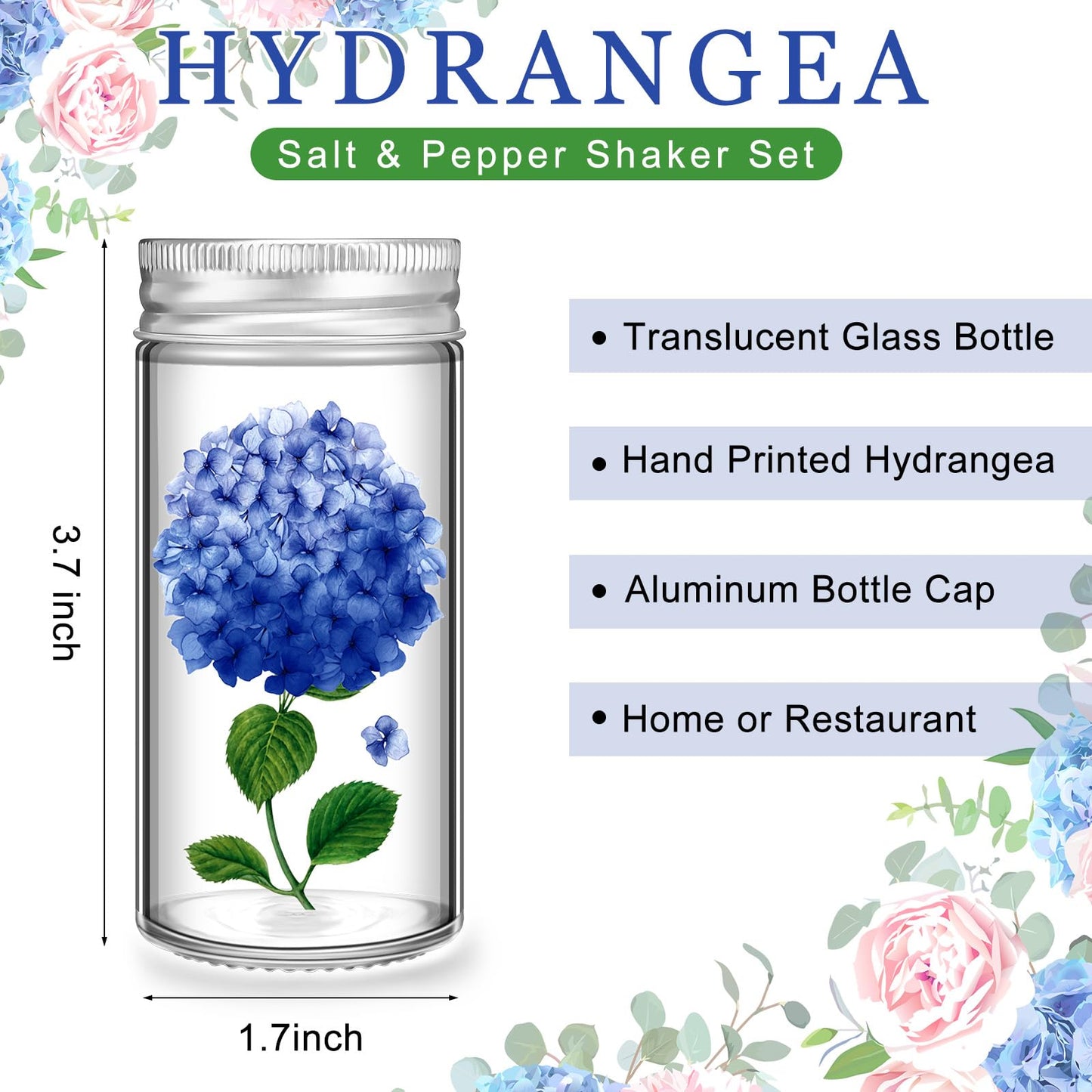 Uiifan 6 Pcs Hand Painted Salt Pepper Shakers Set Blue Hydrangeas Salt Glass Pepper Shakers Hand Painted Clear Christmas Gifts for Women Kitchen Wedding Home Decor