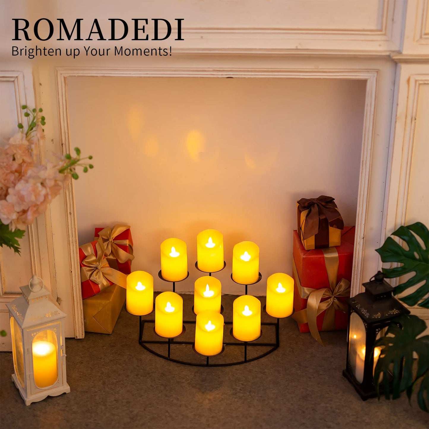 Romadedi Fireplace Candle Holder 9 Candelabra - for Pillar Candles Black Candle Stand Iron Table Centrepiece Mantle Floor Decor Christmas Advent Decoration