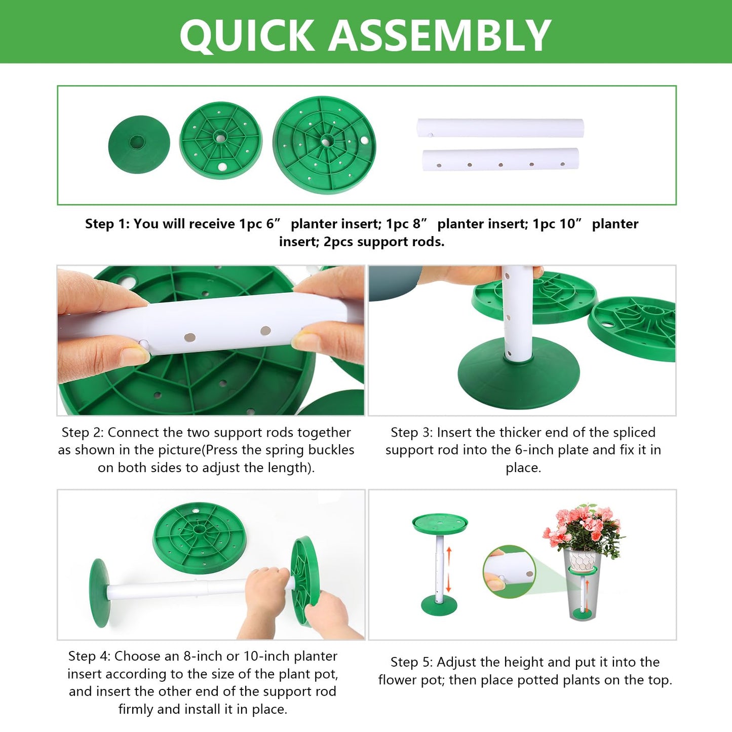 2 Pack Plant Riser Inserts for Large Pots, 8 in/10 in Interchangeable Sturdy Planter Inserts & 21 - 33 in Adjustable Height Lifters Planter Filler for Indoor & Outdoor Various Shapes Pots（Green）