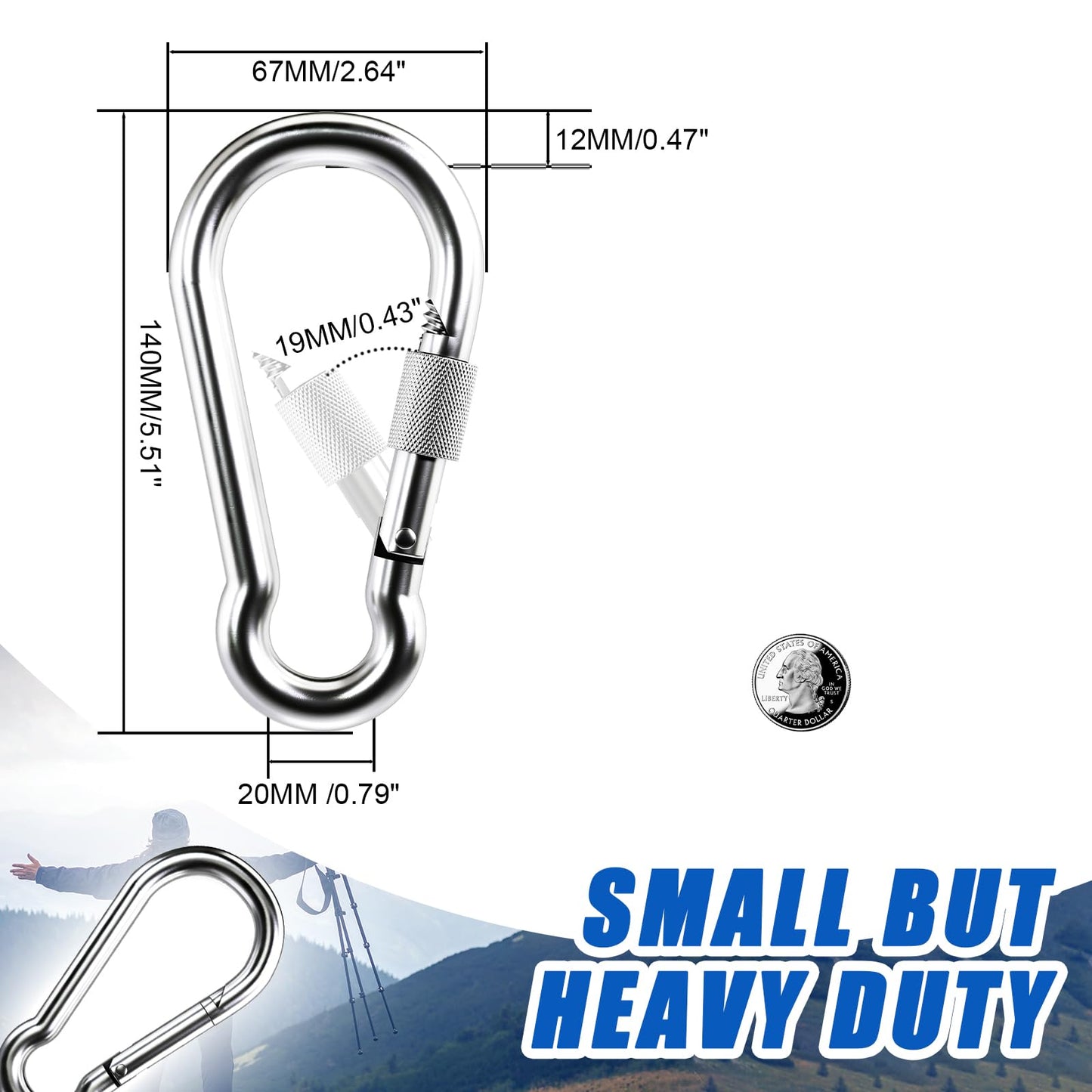 KINLINK 2 Pack Screw Locking Carabiner - 5.50 inch Heavy Duty Carabiner Clips, 304 Stainless Steel Large Caribiner for Camping, Swing, Hammock, Hiking,Weight Lifting Machine, Home Gym Equipment
