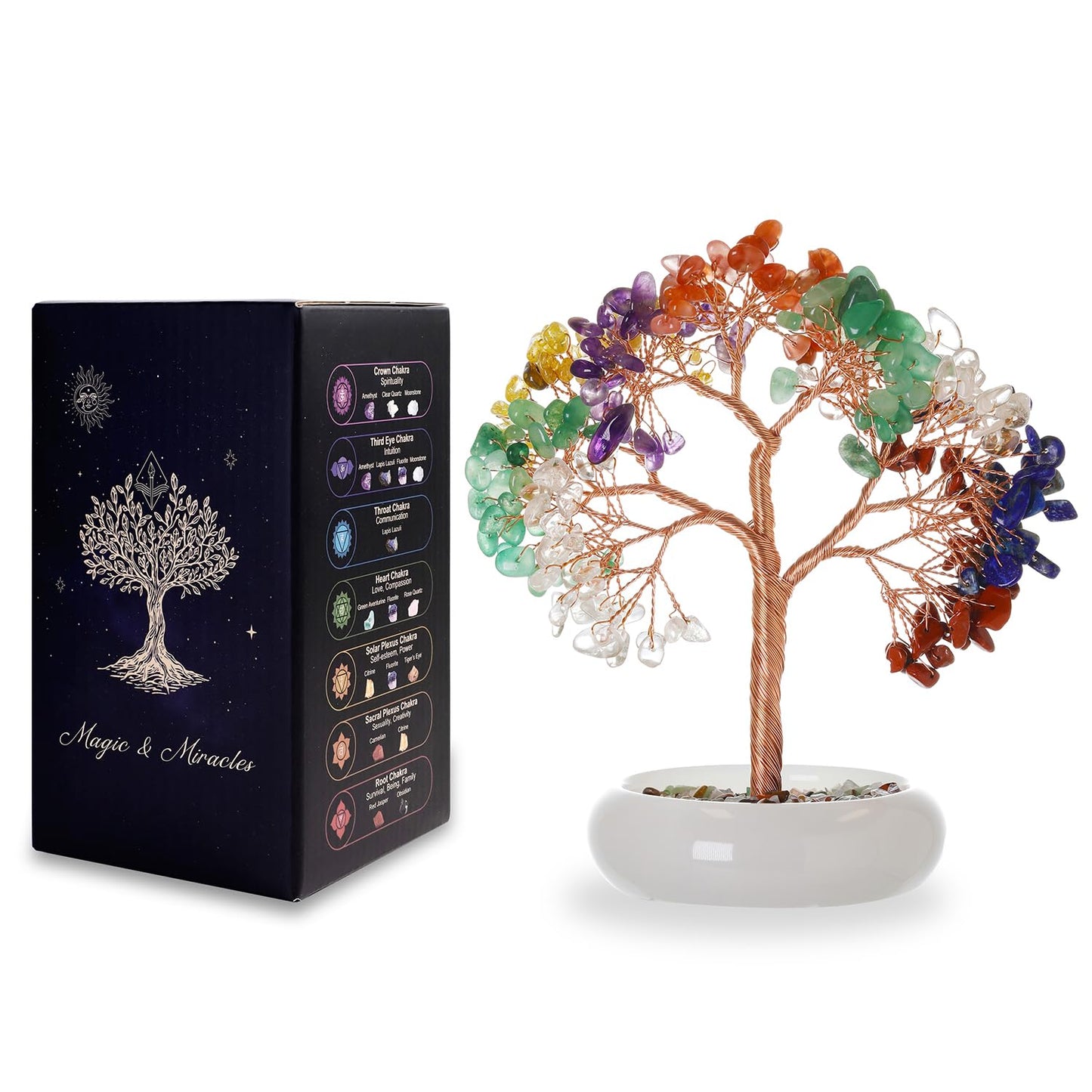 MAGIC AND MIRACLES Seven Chakra Crystal Trees, Bonsai Money Tree, Healing Stones, Crystal Tree of Life, Desk Decor, Home Decor, Unique Birthday Gifts for Women Mom