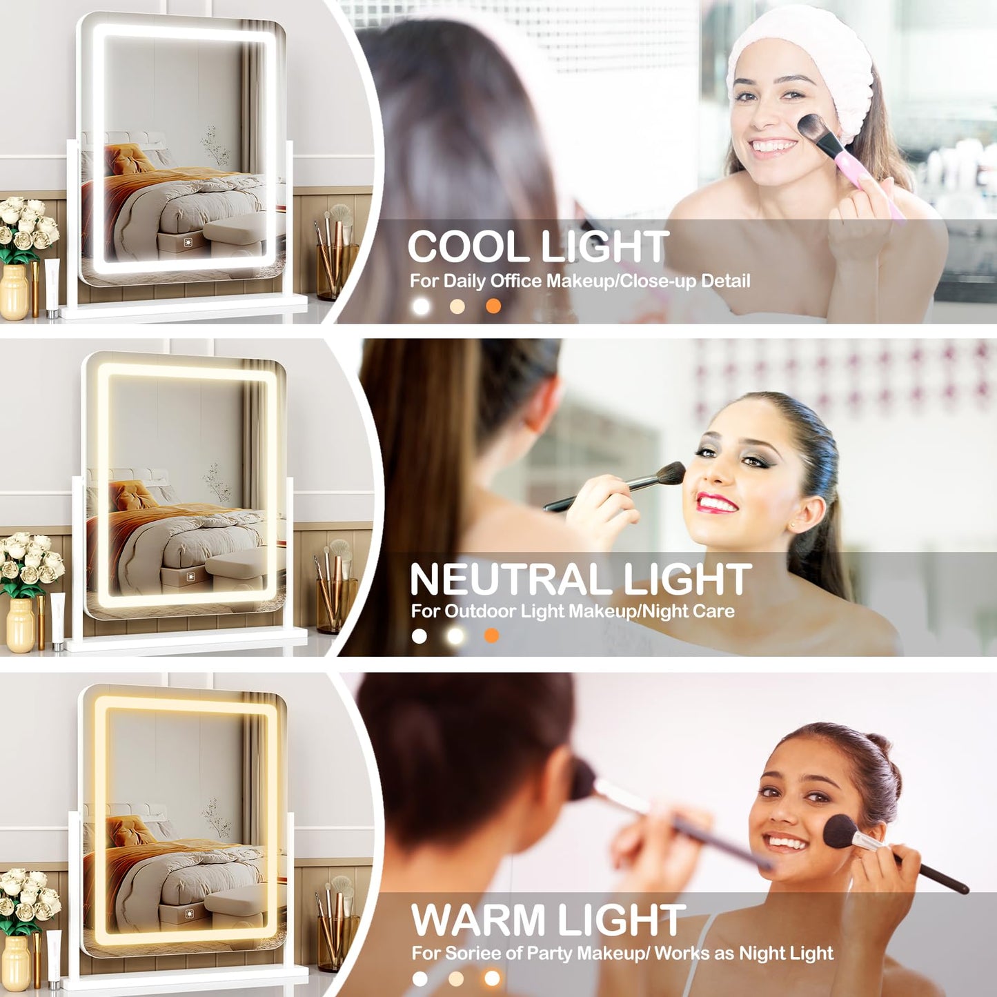 Makeup Vanity Mirror with Lights 15.2" Large LED Lighted Mirror, Hollywood Make Up Mirror with Lighting for Bedroom Tabletop, Smart Touch,Detachable 10X Magnification 360° Rotation, (White)