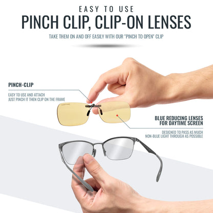 Blue Light Blocking Clip On Glasses - Effective Computer Glasses for Men and Women, Durable Lightweight Design Reduce Eyestrain, Headaches for All Day Screen Time and Gaming Protection (Daytime Lens)