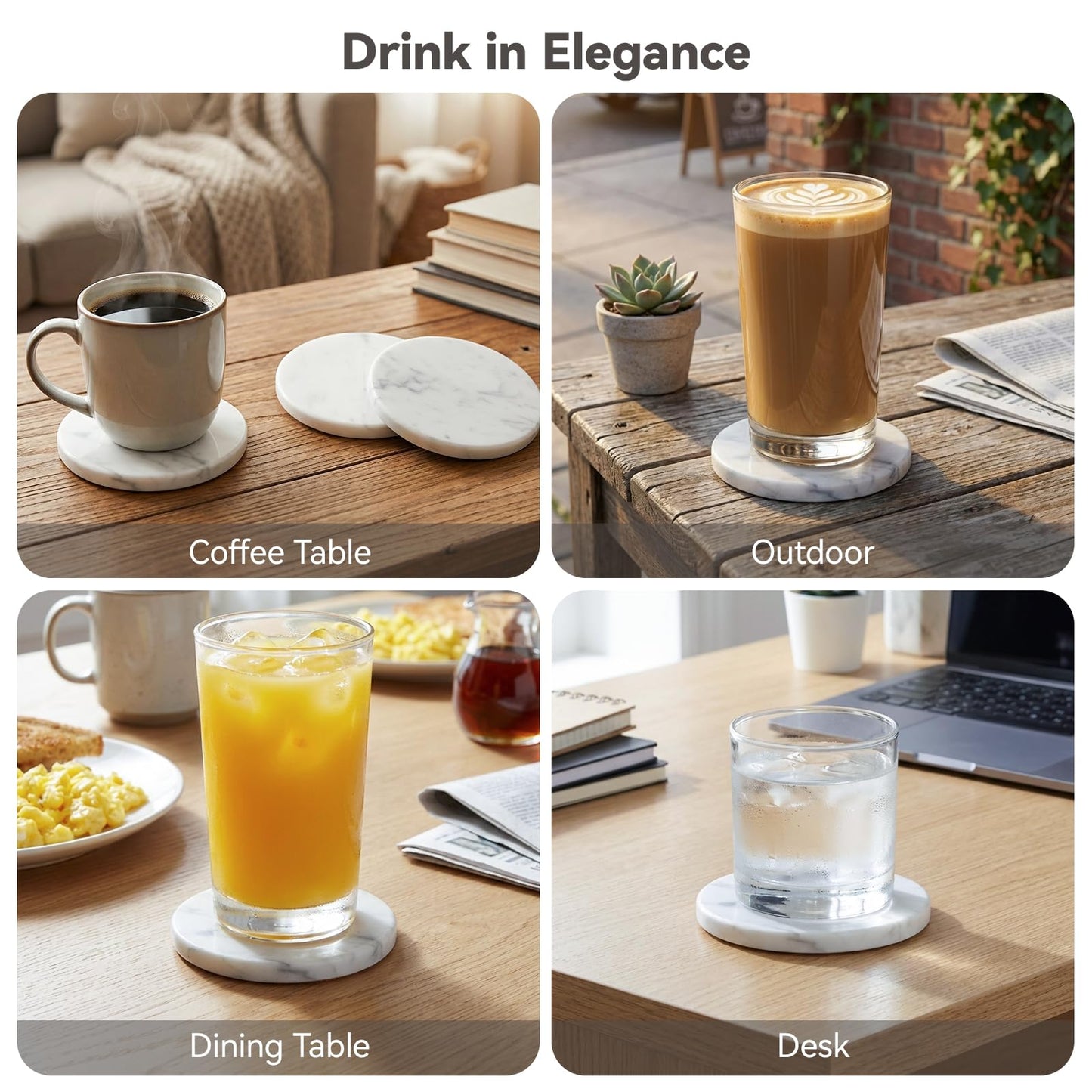 YONGHEE Soft White Marble Coasters Set of 6 with Holder, Elegant Drink Coasters for Coffee Table, 4" Polished Natural White Stone Coaster with Grey Veins - Heat Resistant, Non-Slip, Housewarming Gift