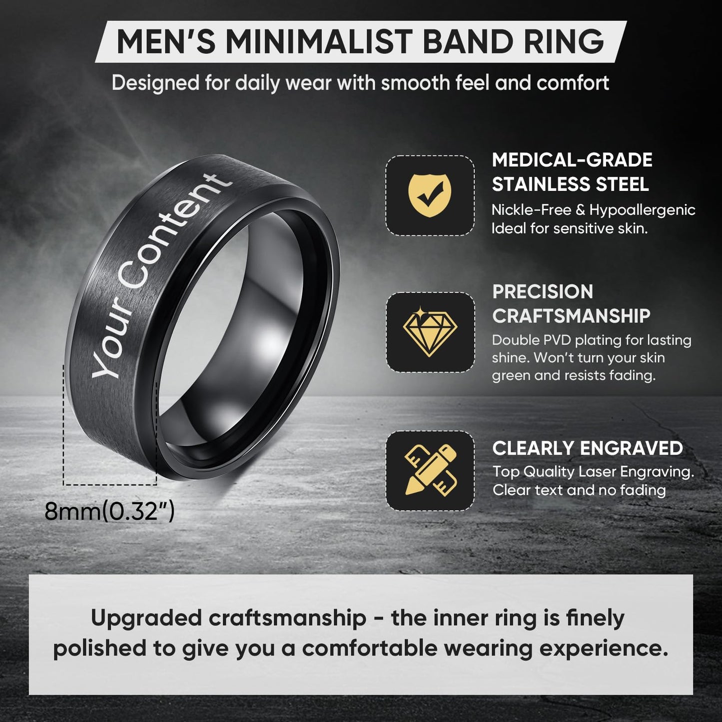 VNOX Customize Personalized Name Date 8MM Stainless Steel Simple Matte Brushed Finish Wedding Band Engagement Rings for Men Dad Husband,Size 14