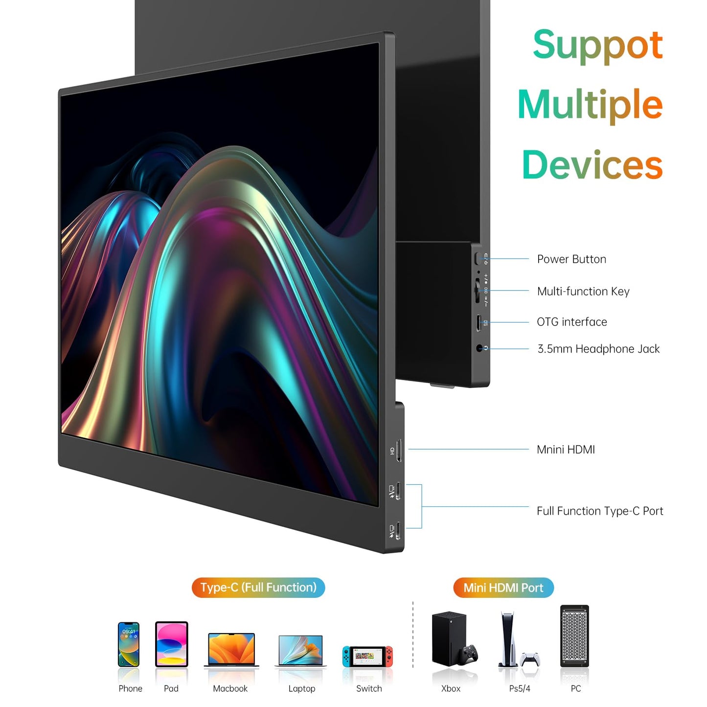 MNN Portable Monitor 15.6inch FHD 1080P USB C HDMI Gaming Ultra-Slim IPS Display w/Smart Cover & Speakers,HDR Plug&Play, External Monitor for Laptop PC Phone Mac (15.6'' 1080P)