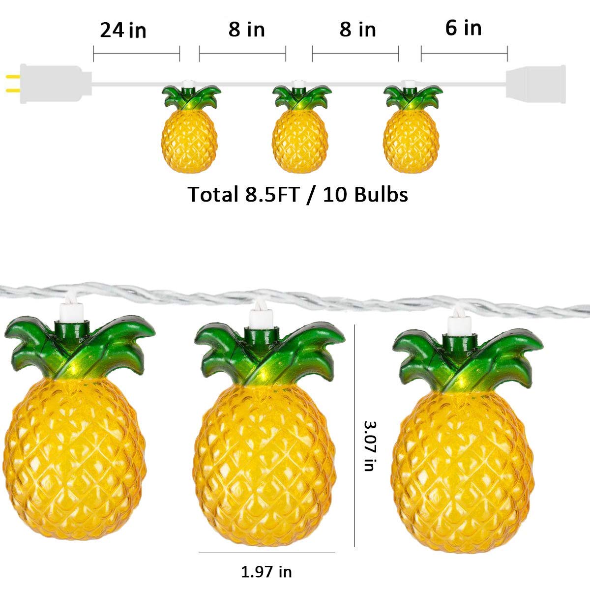 SUNSGNE Pineapple String Lights, Outdoor String Light with 10 Pineapples, Outdoor Indoor Party Lights, Summer Patio String Lights, Pineapple String Mini Incandescent Light, Hawaiian Themed Lights