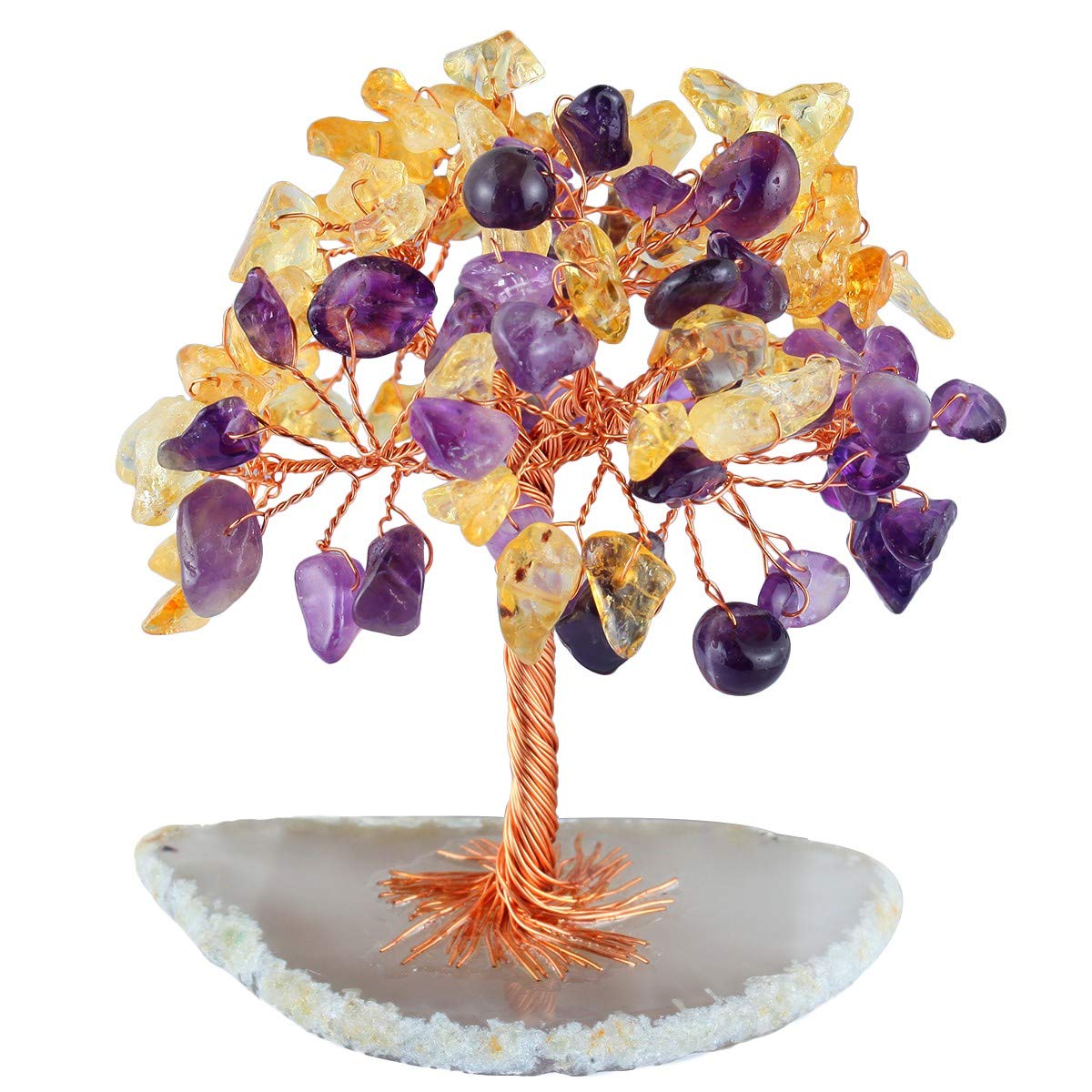 SUNYIK Amethyst/Citrine Mini Crystal Money Tree on Natural Agate Slab, Handmade Tumble Chip Stone Bonsai Sculpture Figurine Decoration for Wealth and Luck Size 2.5-2.3 Inches