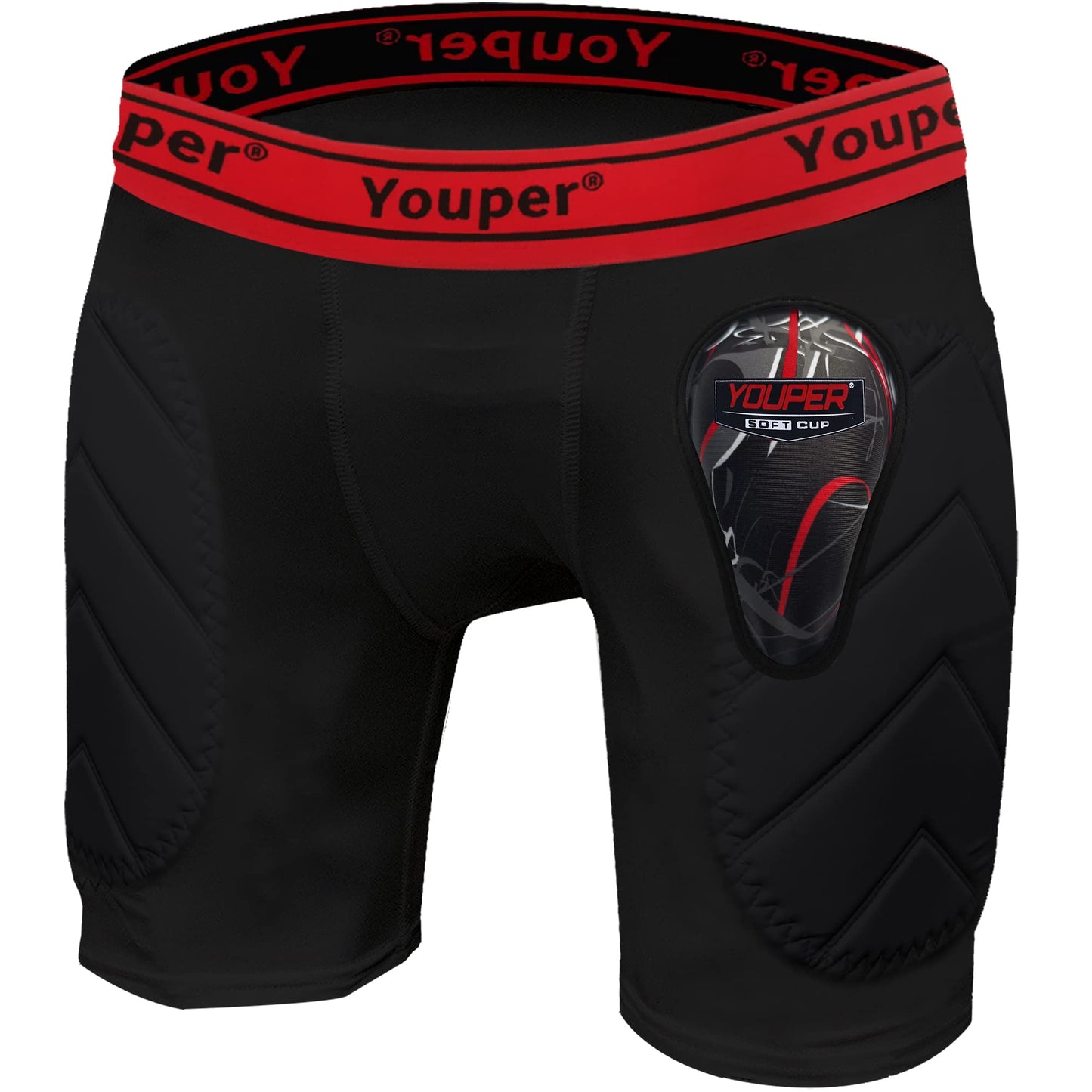 Youper Boys Slider Padded Shorts with Hat Pocket for Baseball, Football, Lacrosse, black / red, M