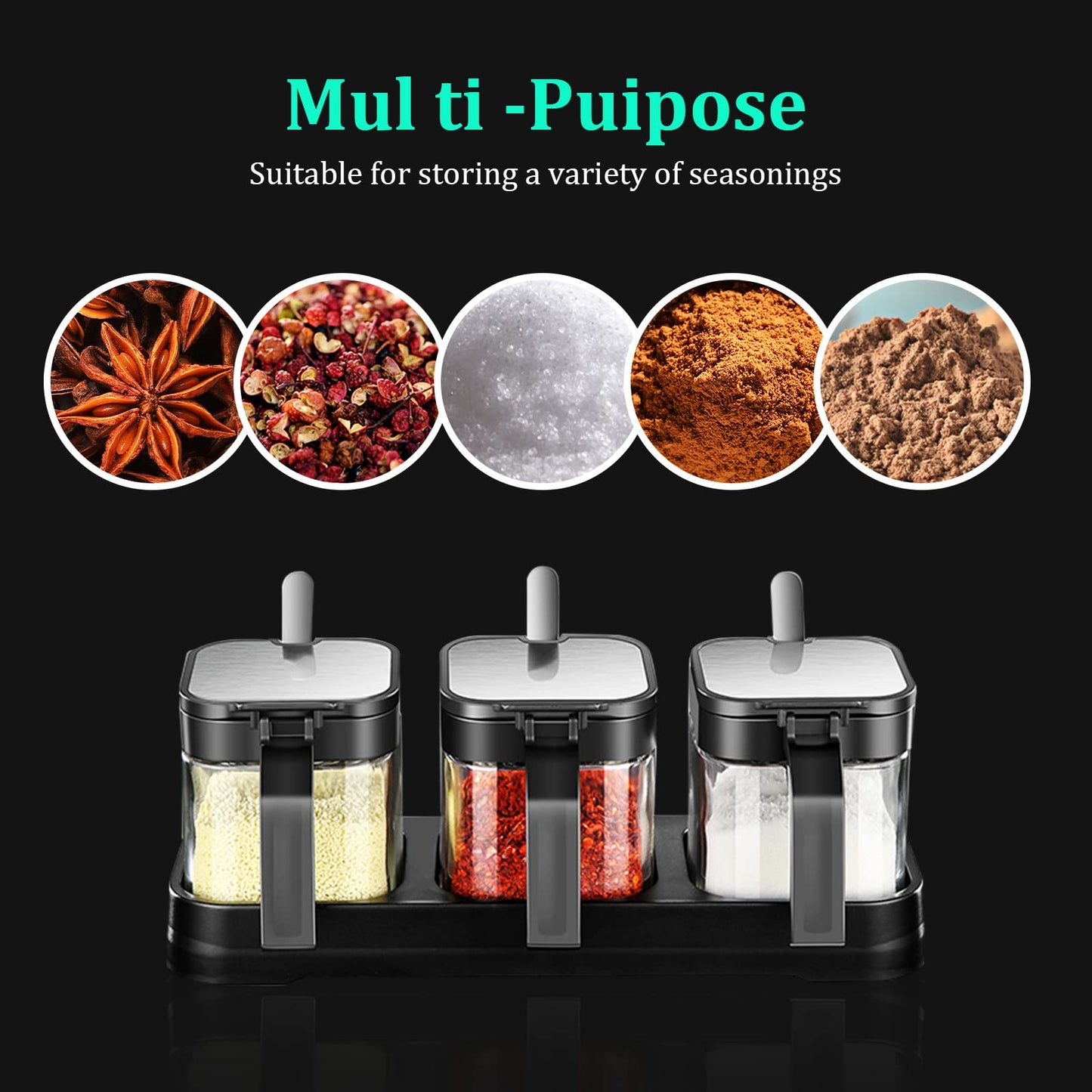 Clear Glass Condiment Canisters Pots, 8 oz Condiment Jar Spice Container with 304 Stainless Steel Lids and Spoons, Glass Seasoning Box Set of 3 Spice Jars Salt Container Sugar Bowl for Kitchen(Black)
