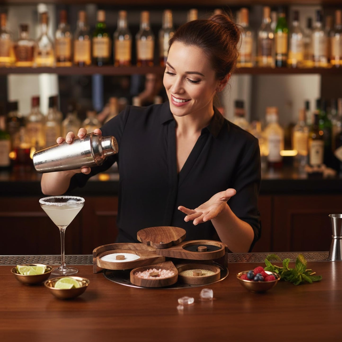 Mifoci Acacia 4 Tier Margarita Salt Rimmer Set Magnetic Rimming Station with Lid and 5 Sponges Bar Glass Rimmer Home Bar Accessories for Cocktails Drinks House Party Bartender Supplies