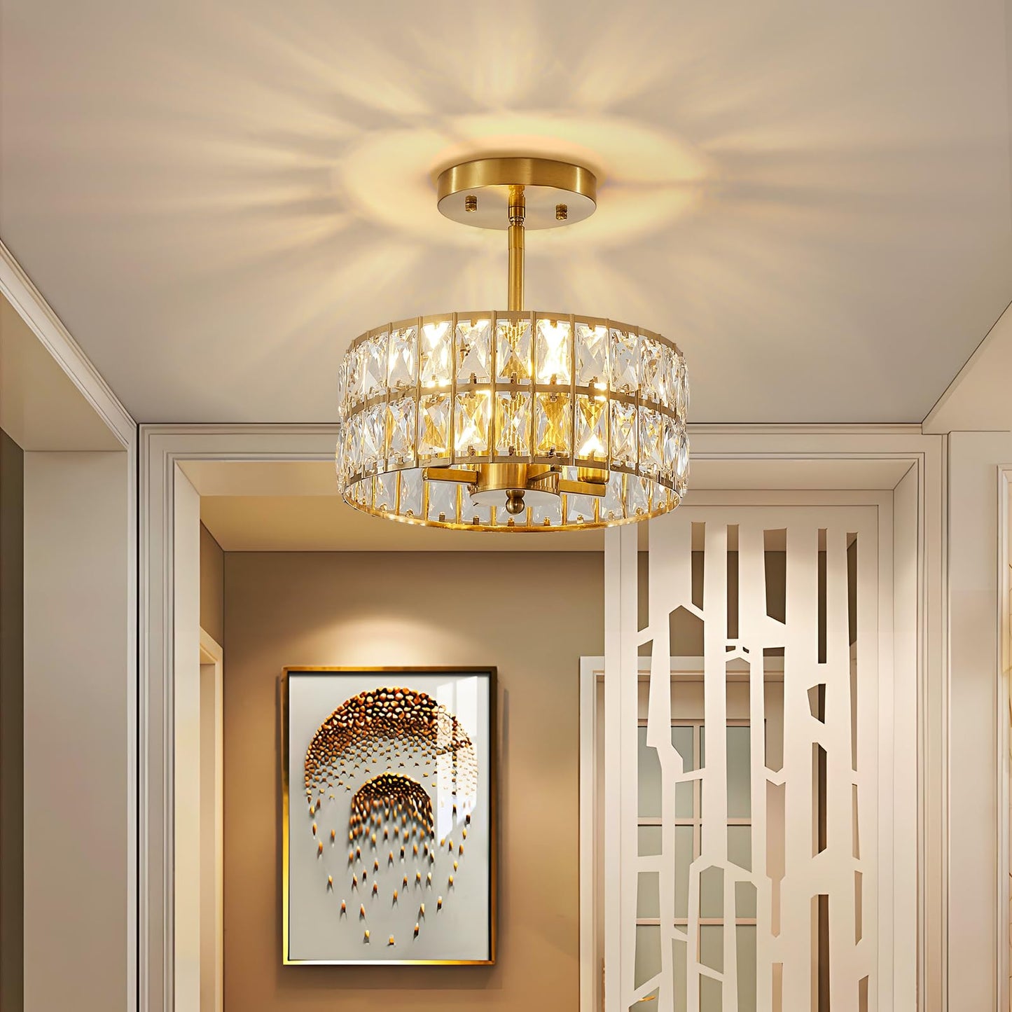SeeU Modern Crystal Ceiling Light Fixture Brass Semi Flush Mount Ceiling Light Chandelier 4 Heads Crystal Chandelier