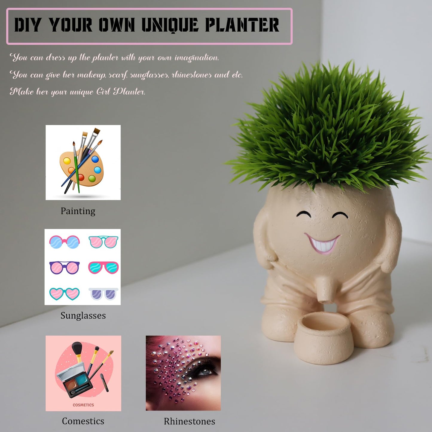 Dolkgy Cute Head Planter, Face Flower Pot Fun Head Vase for Plants for Indoor Outdoor Décor, Unique Cactus Office Plant Pots