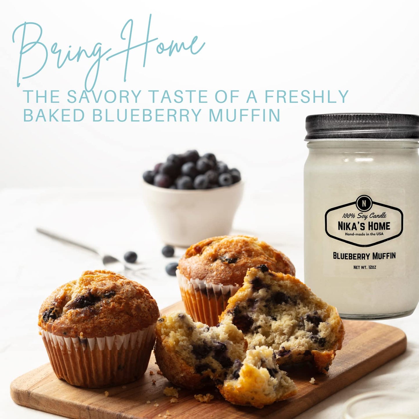 Nika's Home Blueberry Muffin Soy Candle - 12oz Mason Jar - Non-Toxic - Hand Poured in The USA, Long Burning 50-60 Hours Highly Scented All Natural, Clean Burning