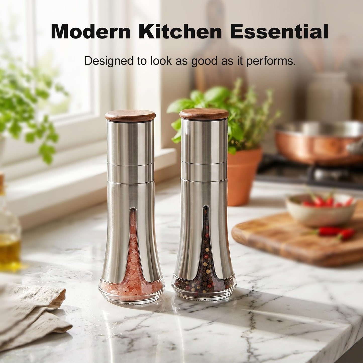 Aelga Salt and Pepper Grinder Set Manual - 4oz Stainless Steel Pepper Mill with 5-Level Adjustable Coarseness, Refillable Glass Salt Grinder with Wood Lid, Silicone Funnel, Modern Kitchen Gift Set