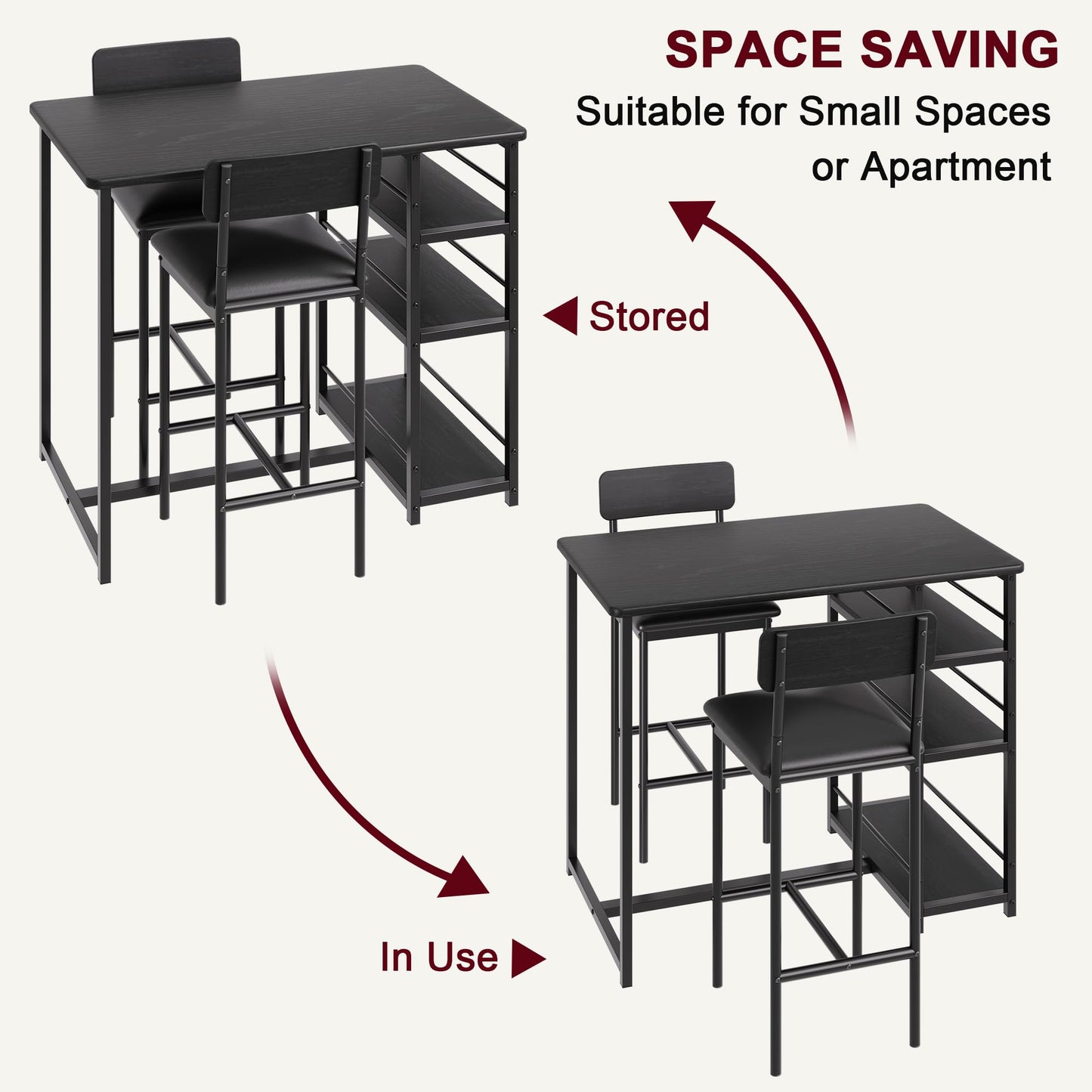 CABIHOME Dining Table Set for 2, Kitchen Table and Upholstered Chairs for 2, 3 Piece Counter Height Bar Table Set with 3 Large Storage Shelves for Small Space, Apartment, Studio, Rustic Black