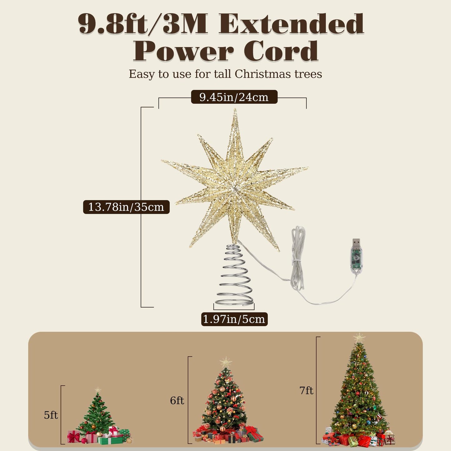 Lewondr Christmas Tree Topper Star, 13inch Xmas Tree Topper with LED Light Beads, Remote & USB Operated 10-Point Star Treetop for Home Christmas Decoration, 6H Timer & 8 Lighting Modes, Gold