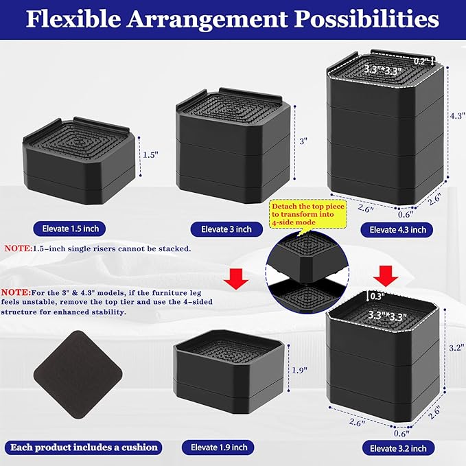 Bed Risers Heavy Duty, Adjustable Furniture Riser Blocks Lift 1.5, 4.3 inches