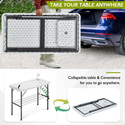 Avocahom Folding Fish Cleaning Table Portable Camping Sink with Faucet Drainage Hose & Sprayer Outdoor Fillet Station Grid Rack Knife Groove for Picnic Fishing, Black