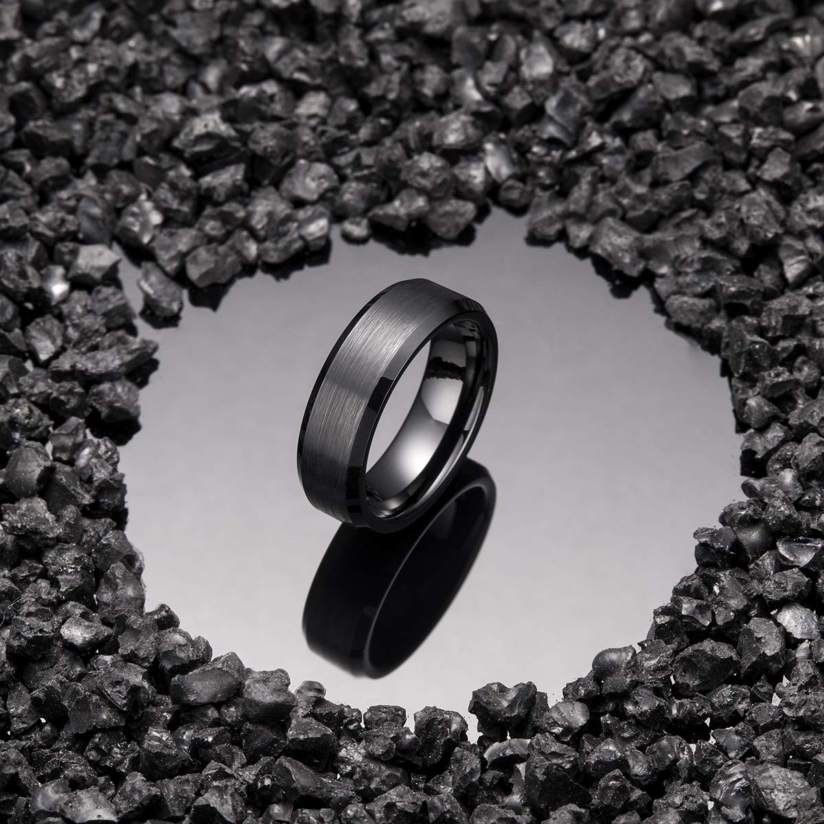 King Will 7mm Men's Black Wedding Ring - Brushed Matte Surface, Beveled Polished Edge, Comfort Fit Size 8