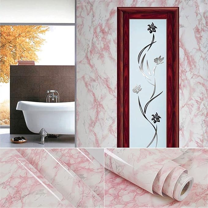 practicalWs 15.7 in × 118 in White Pink Marble Stick Paper Peel and Stick