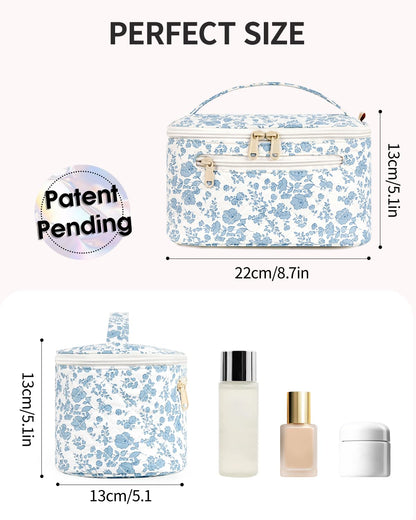 Travel Makeup Bag with Brush Compartment, Large Cosmetic Bags, Quilted Fabric Makeup Case with Handle, Water-Resistant for Women, Blue Flower (Patent Pending)