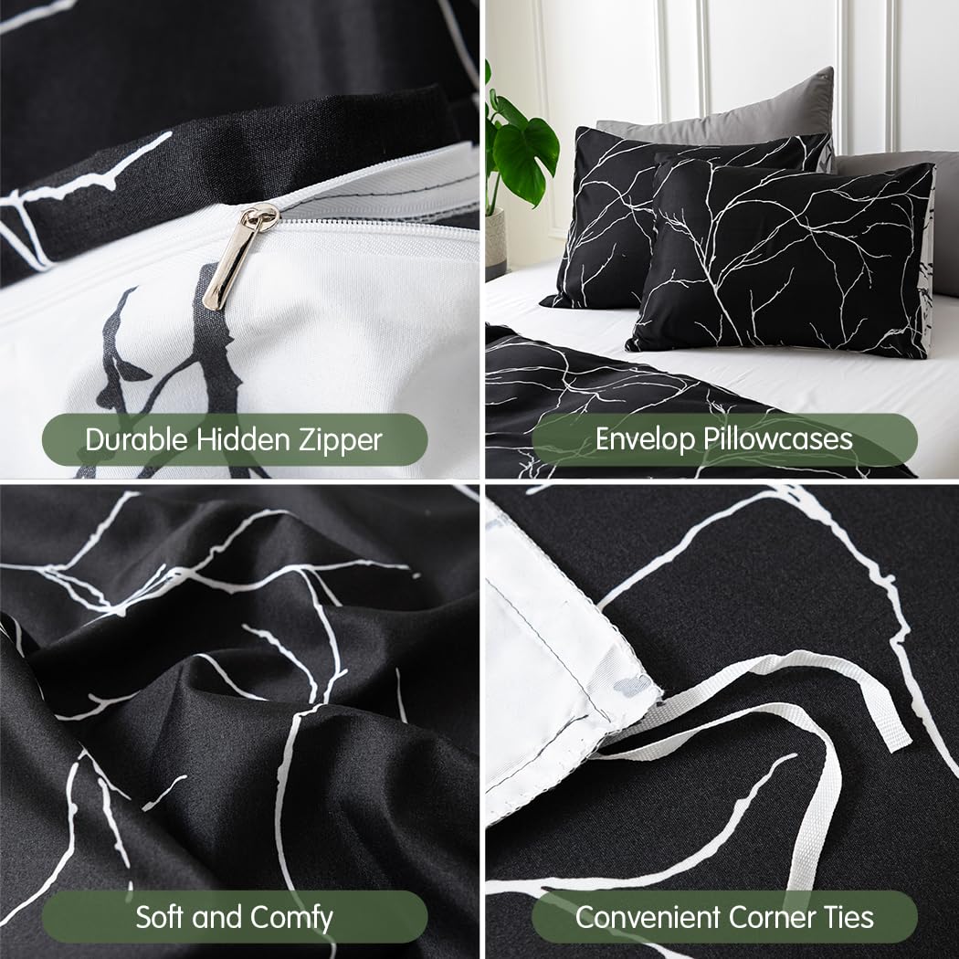 Lekesky Reversible Duvet Cover King Size, Black White Branch Comforter Cover King 3pcs Microfiber Botanical Bedding Set with Zipper Closure Corner Ties
