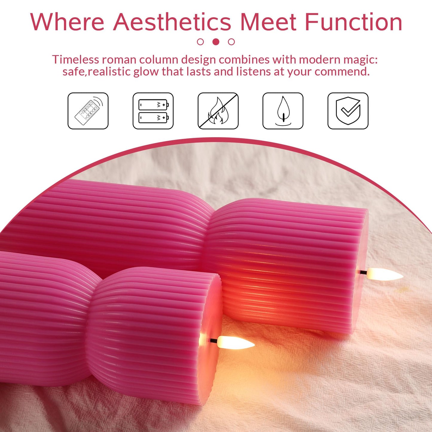 Girimax Hot Pink Ribbed Flameless Pillar Candles with Remote, Real Wax Flickering Battery LED Candles Set of 2