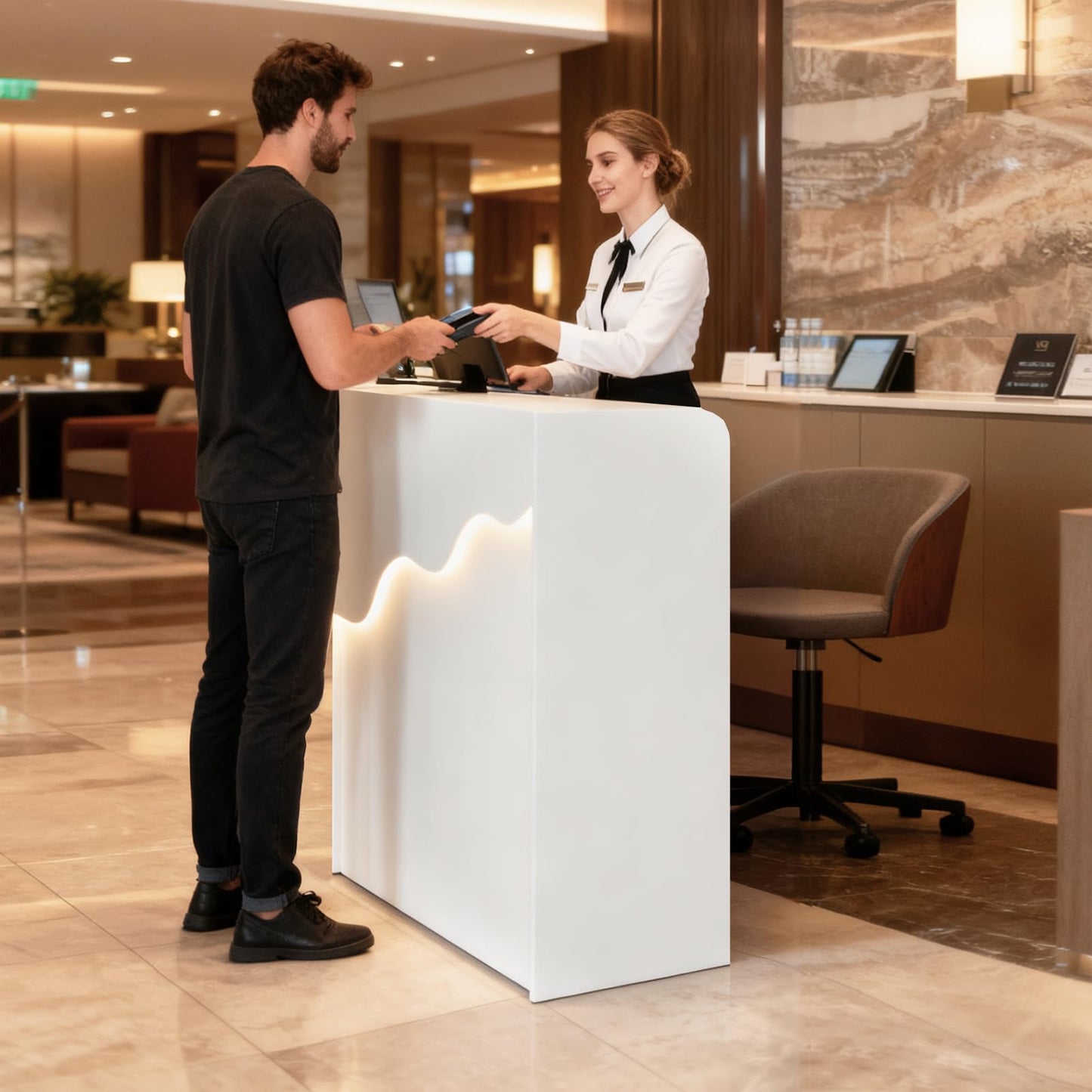 Reception Desk with Counter, Small Modern Front Desk with LED Light and Lockable Drawer, White Reception Table Retail Checkout for Counter for Lobby, Beauty Salon (37.8"L x 23.6"W x 15.7"H)