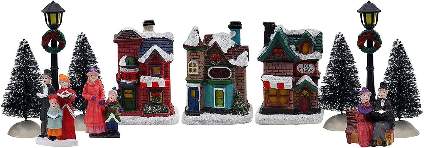 Resin Christmas Village Set with Figurines, Houses, and Accessories – Perfect for Indoor Holiday Decor and Snow Village Displays