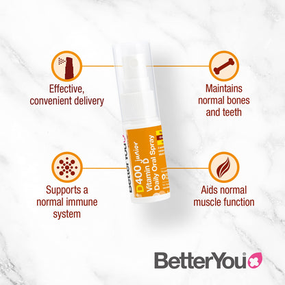 BetterYou Vitamin D 400 IU Junior Daily Oral Spray, Pill-Free Vitamin D3 Supplement for Children, 3-Month Supply, Made in The UK, Natural Peppermint Flavour (Pack of 2)