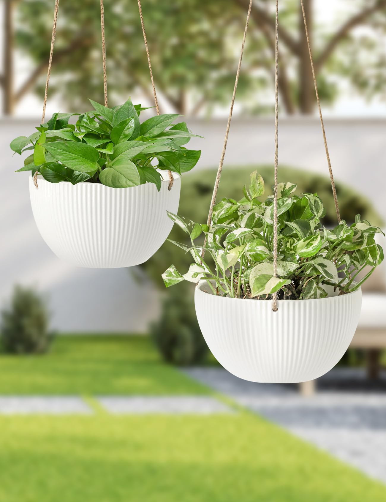 UBEE Ceramic Hanging Planters Indoor Outdoor, 7.5 Inch + 6.5 Inch Hanging Flower Pot for Plants Hanging Basket for Succulent Pothos Herbs Window Home Decor, 2 Pack, White