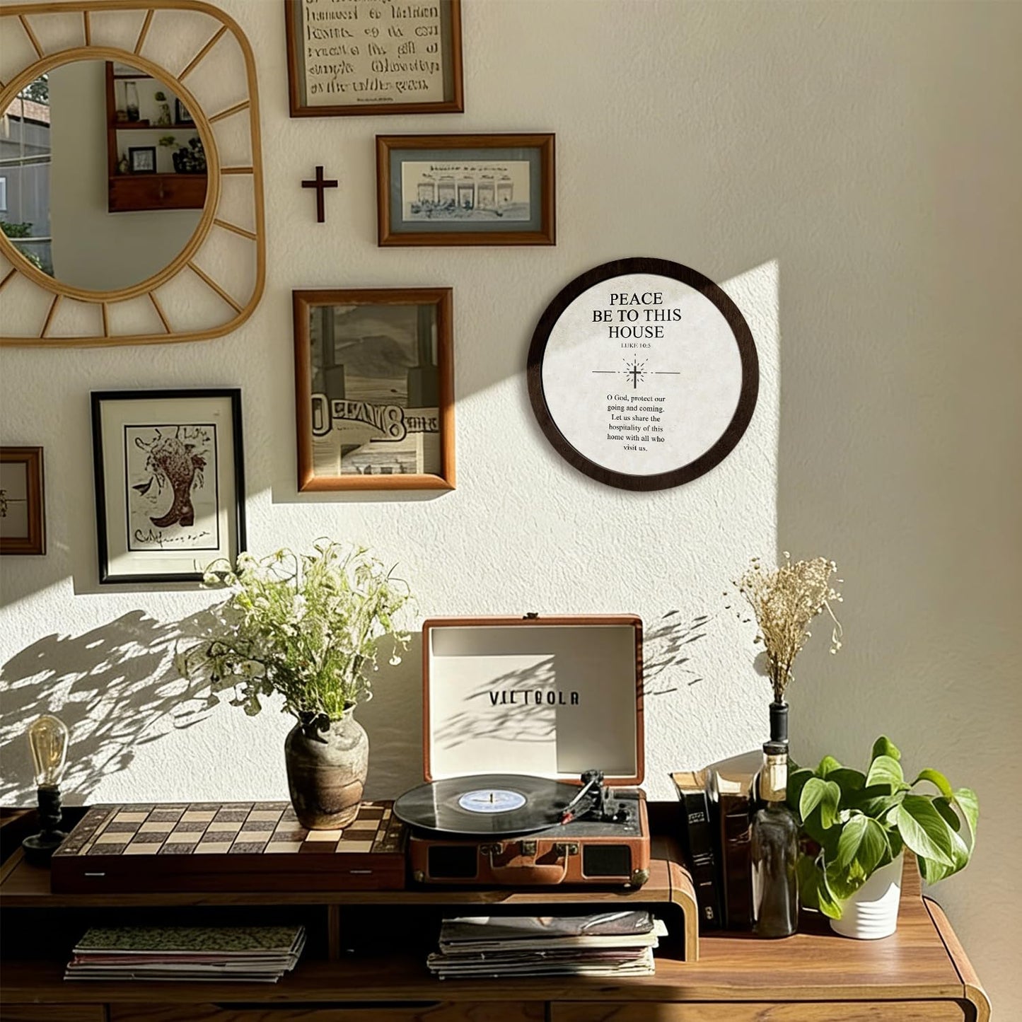CFFJLHN Christian Bible Verse Wall Art Decor, Peace Be to This House Religious Scripture Round Hanging Wall Decor for Home Bedroom Living Room Church Prayer Room, 10x10 Inch
