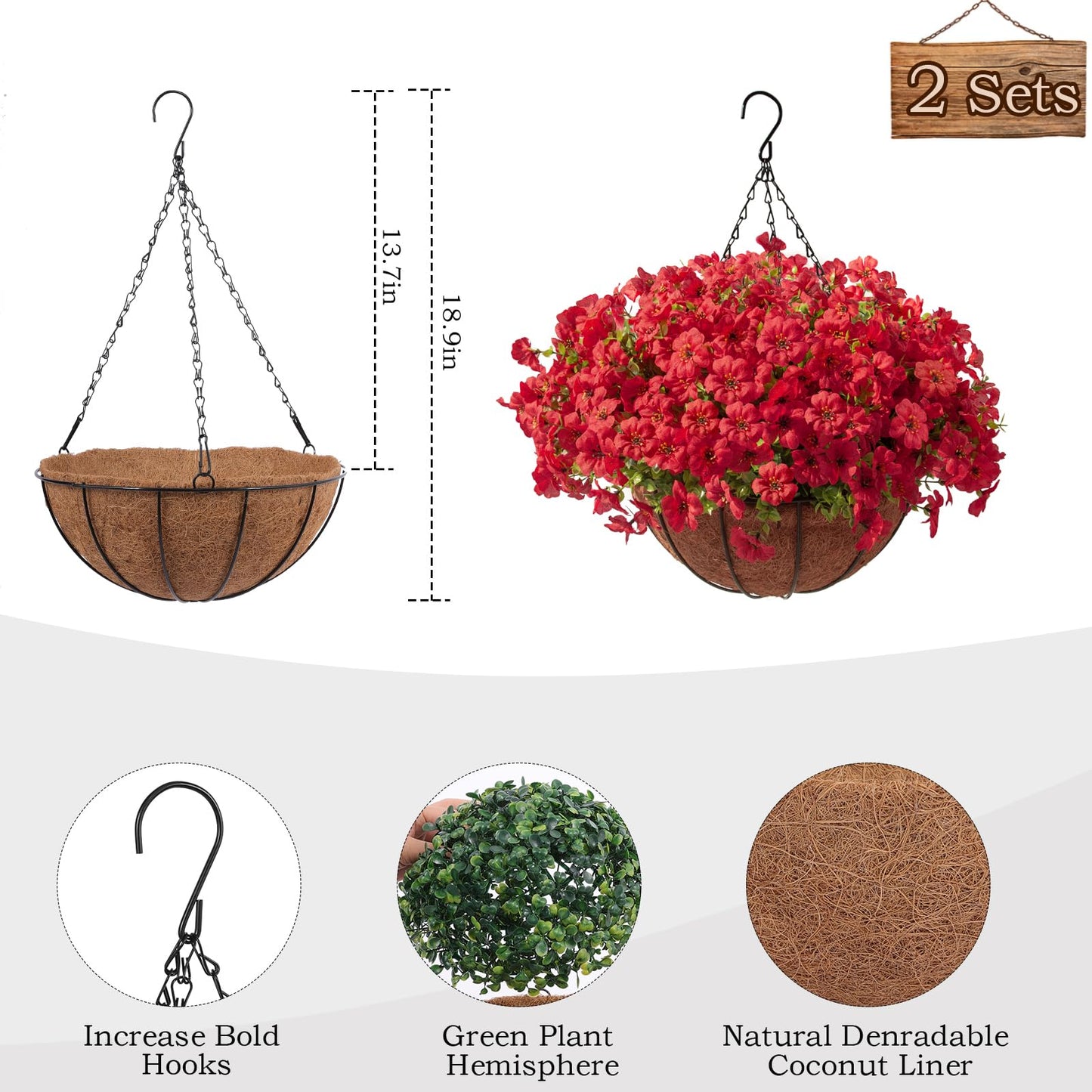 Hananona 24 Pcs Artficial Outdoor Flowers with Hanging Baskets, 2 Pack Hanging Planter with Red Outdoor Spring Flowers for Christmas Porch Home Patio Yard Decor (2, Red)