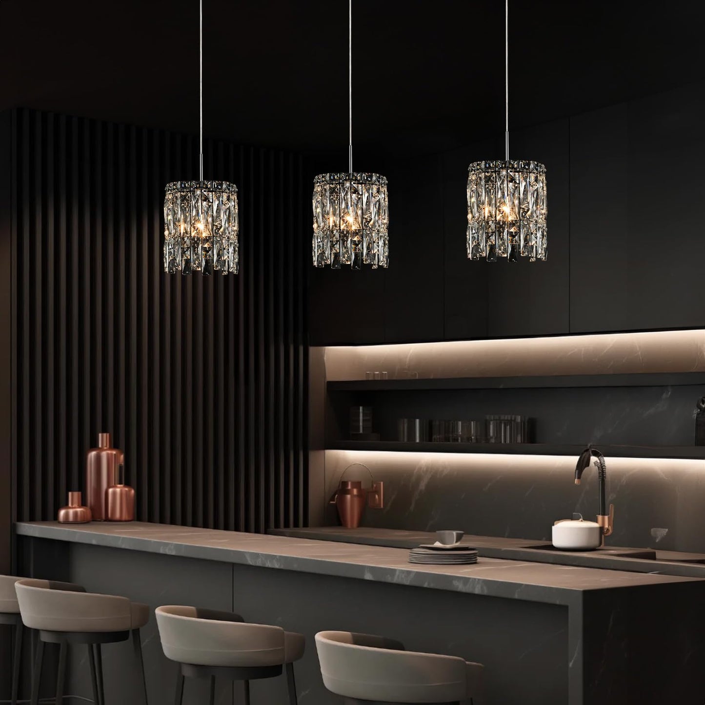 NISIDUN Modern K9 Crystal Pendant Lights Kitchen Island Set of 3,Chrome Chandeliers for Dining Room Light Fixtures Over Table,Hanging Lighting for Kitchen Island Entryway Bathroom BedHead Bedroom