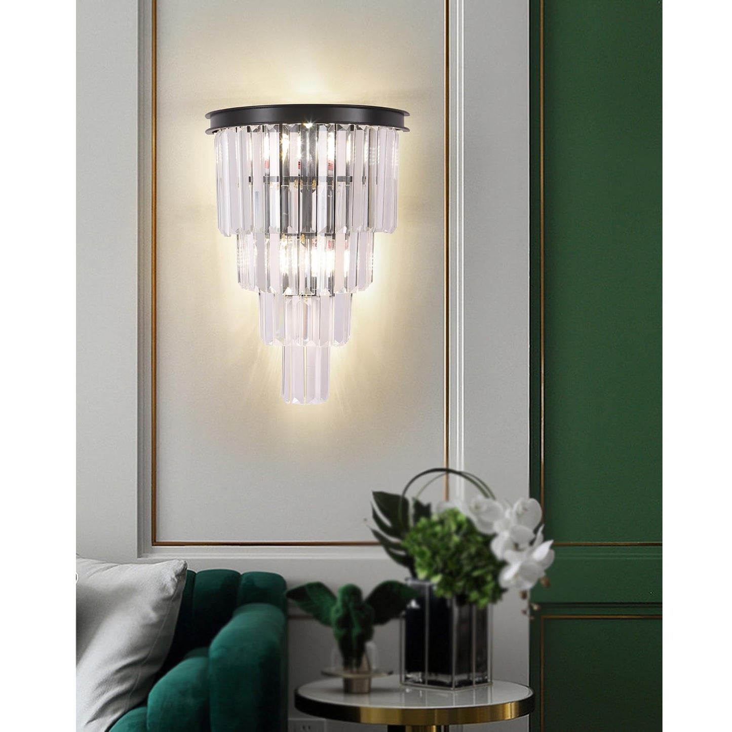 DOYFDOX Black Crystal Wall Sconce, Modern 4-Tiers K9 Clear Crystal Wall Light Bedside Wall Mount Lamp for Living Room Bedroom Mirror Dining Room Hallway Foyer Lighting Fixture