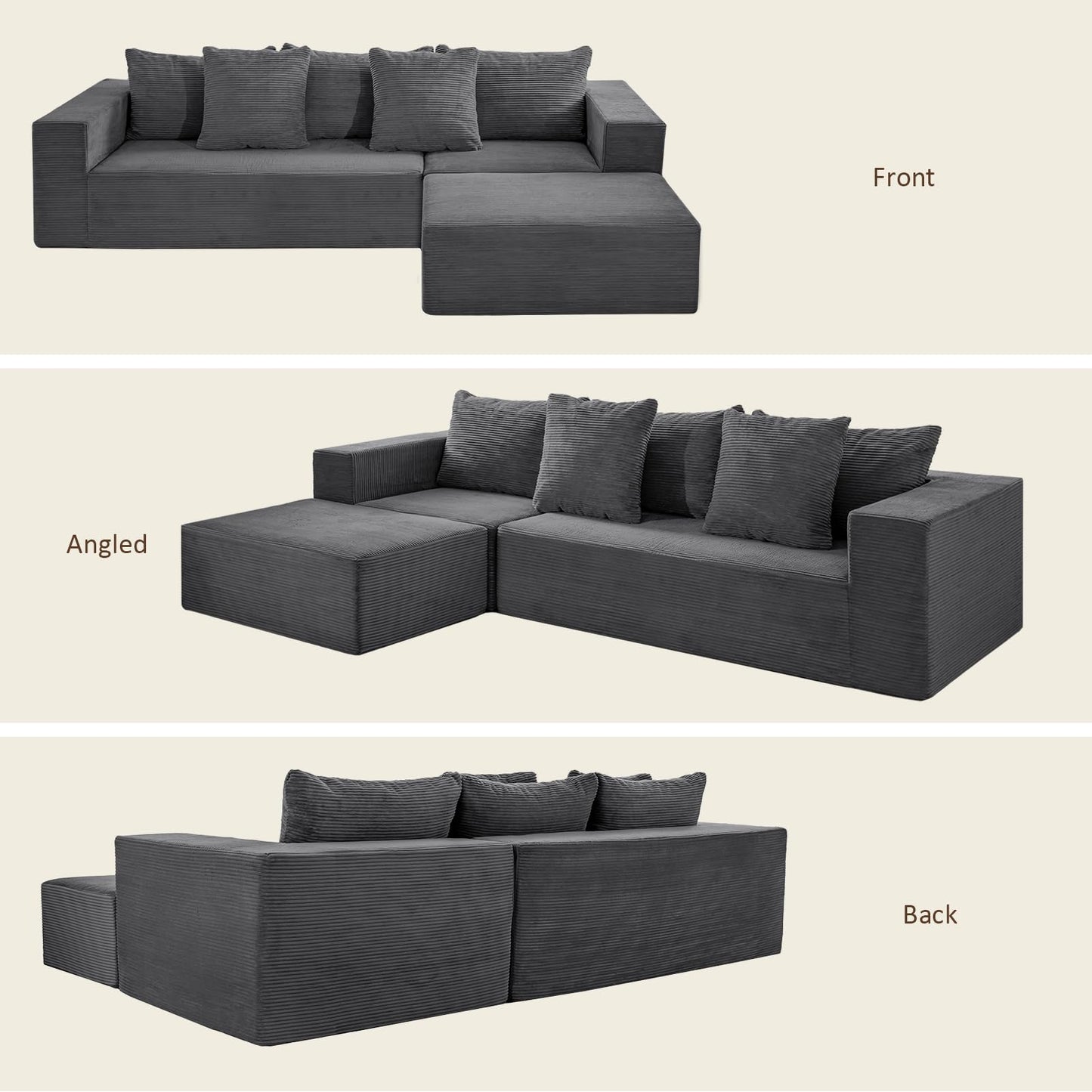 INGEROOM 108" Cloud Sectional Couch with L-Shape Chaise, Modular Sofa Memory Foam, Boneless Sofa with Movable Ottoman, Upholstered Couches for Living Room Bedroom, No Assembly Required, Dark Gray