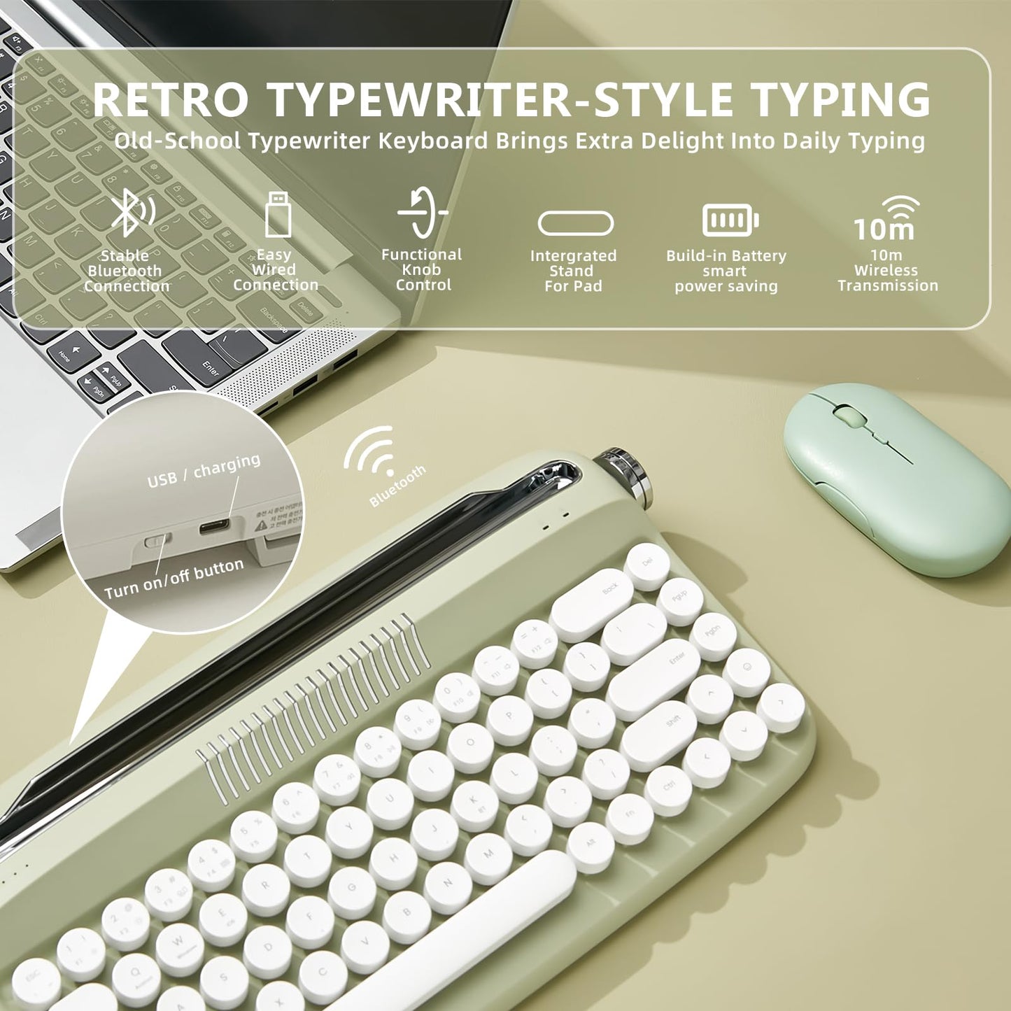 YUNZII Upgraded Wireless Typewriter Keyboard,with Retro Integrated Stand,USB-C/Bluetooth,Cute Round Keycaps, USB-C/Bluetooth Connection for Table, Phone, PC and Win/Mac/Android (B309, Baby Pink)