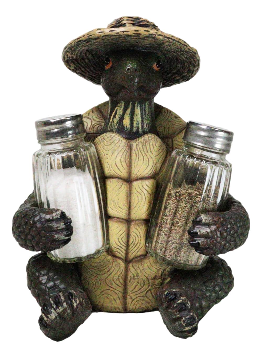 Ebros Slow Seasons Outdoors Camping Turtle With Wicker Hat Salt And Pepper Shakers Holder Figurine 7"H Turtles Tortoise Tortoises Themed Decor Animal Reptile Ocean Nautical Sea River Animal Sculpture