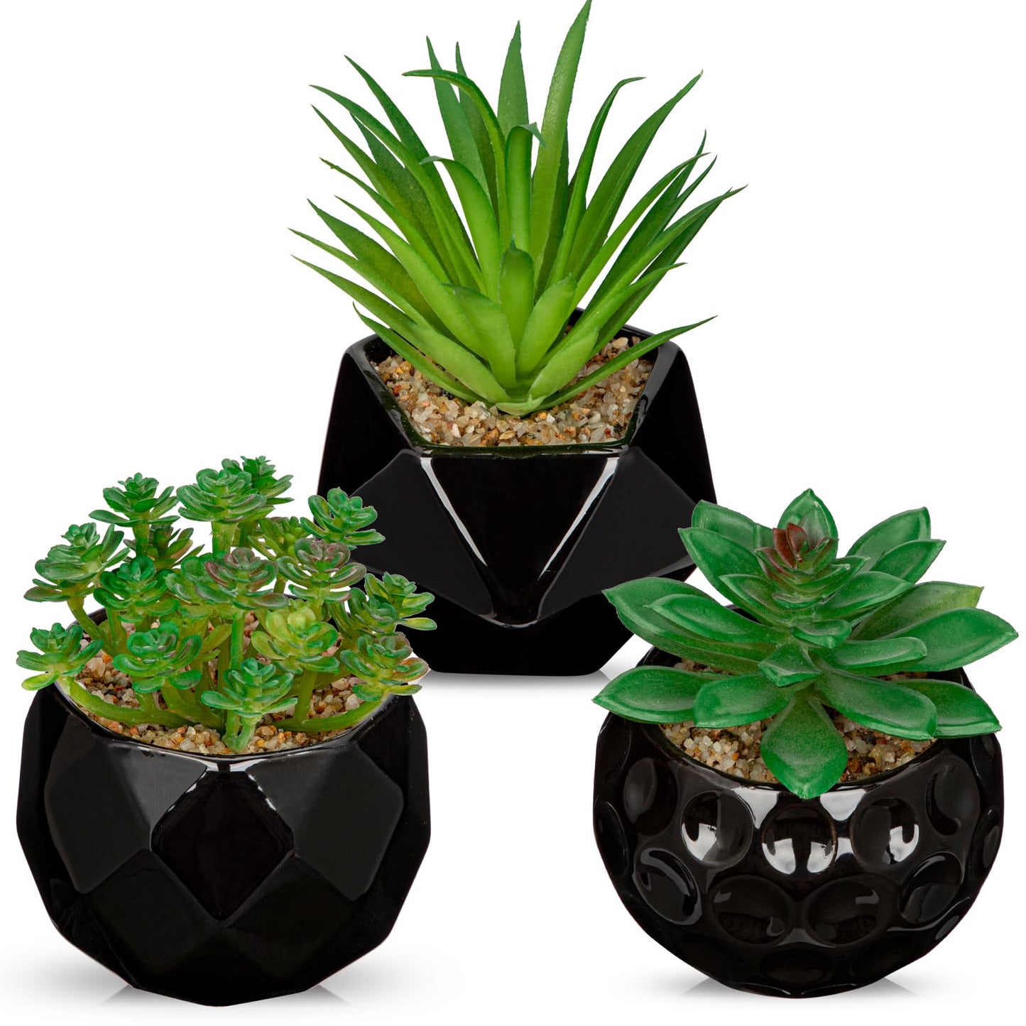 Briful Artificial Succulents Plants in Ceramic Pots, 3 Pack Faux Succulent Set with Black Geometric Planters – Modern Desk Decor for Home Office Shelf Bathroom, Small Fake Plants Potted
