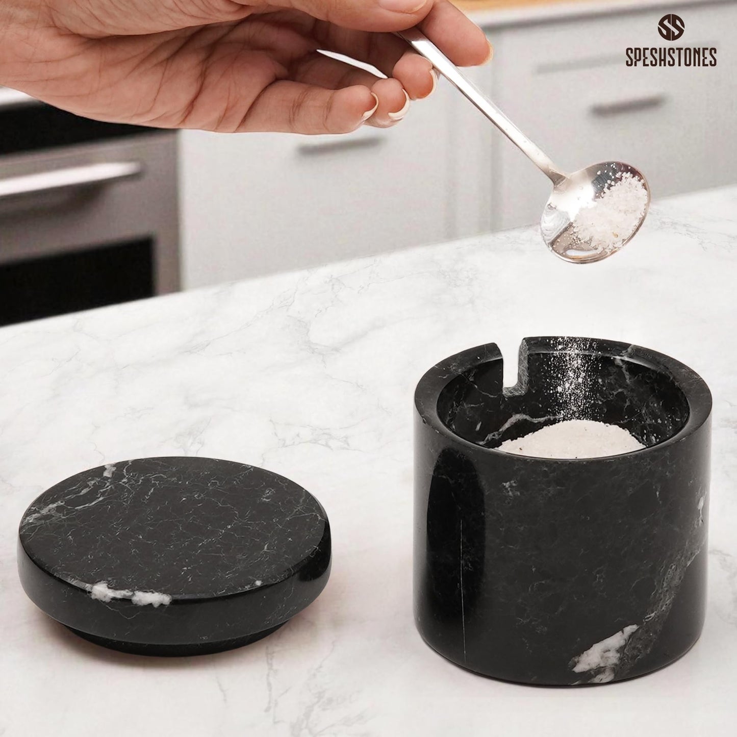 SPESHSTONES Marble Salt Cellar with Lid and Spoon 3 Inch Handmade Black Small Seasoning Containers - Decorative Spice Jars, Sugar Bowl & Flaky Salt Dish for Kitchen Countertop Storage