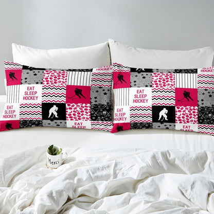 Erosebridal Ice Hockey Down Comforter, Hockey Player Comforter Set Full for Teens Kids Boys Men, Geometric Plaid Grid Bedding Set Sports Games Duvet Sets with 2 Pillow Cases, Black White and Red